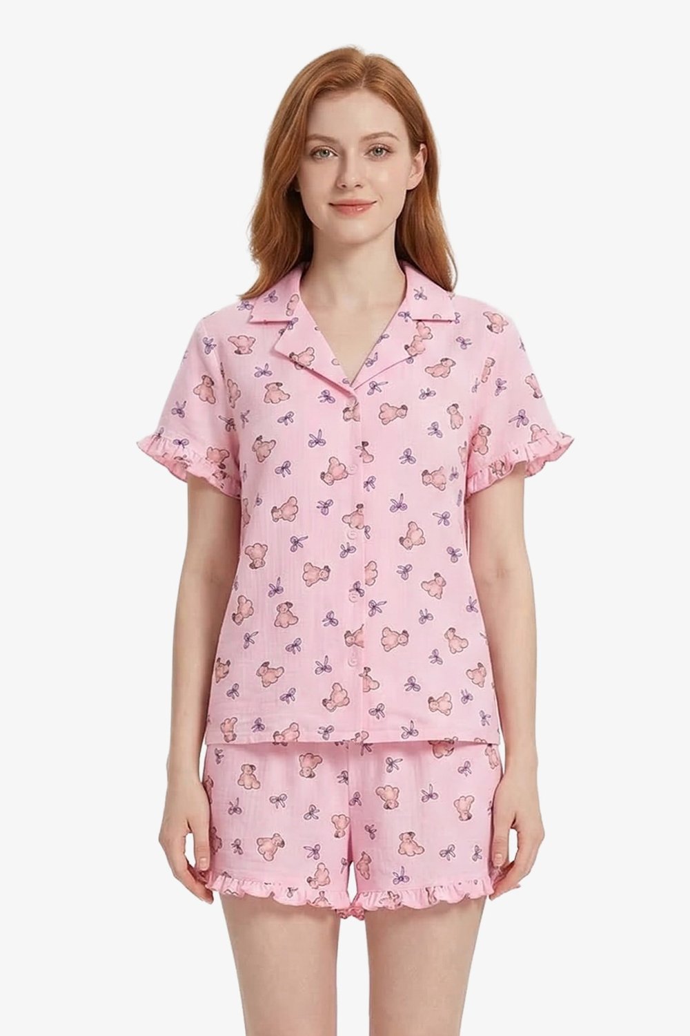 Pudra Ayıcık Desenli Bürümcük Gömlek Yaka Kadın Şortlu Pijama Takımı