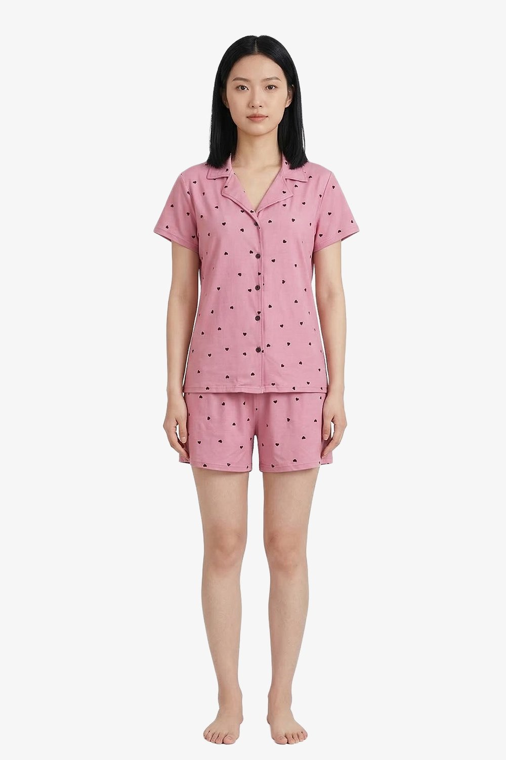Pembe Kalp Desenli Yumuşak Dokulu Gömlek Yaka Kadın Şortlu Pijama Takımı