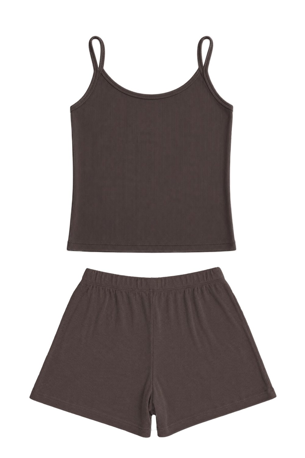 Premium - Neat Collection |Kahverengi Rib Dokulu İnce Askılı Modal Viskon Şortlu Kadın Pijama Takımı