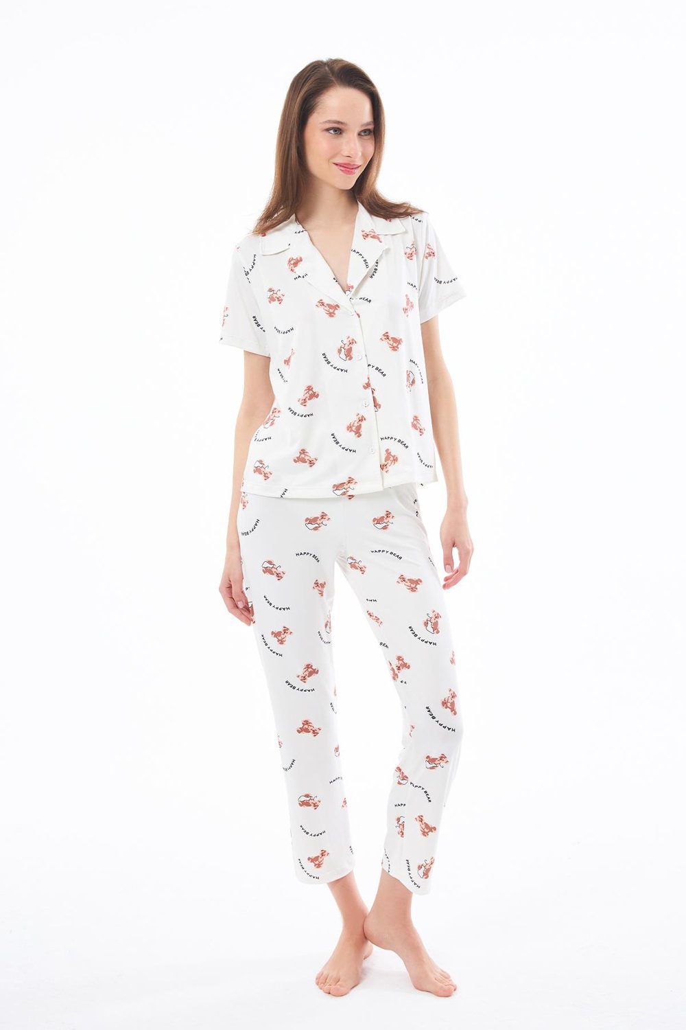 Premium Kadın Pijama Takımı Ayıcık Desenli Yumuşak Dokulu Kısa Kollu Gömlek Yaka