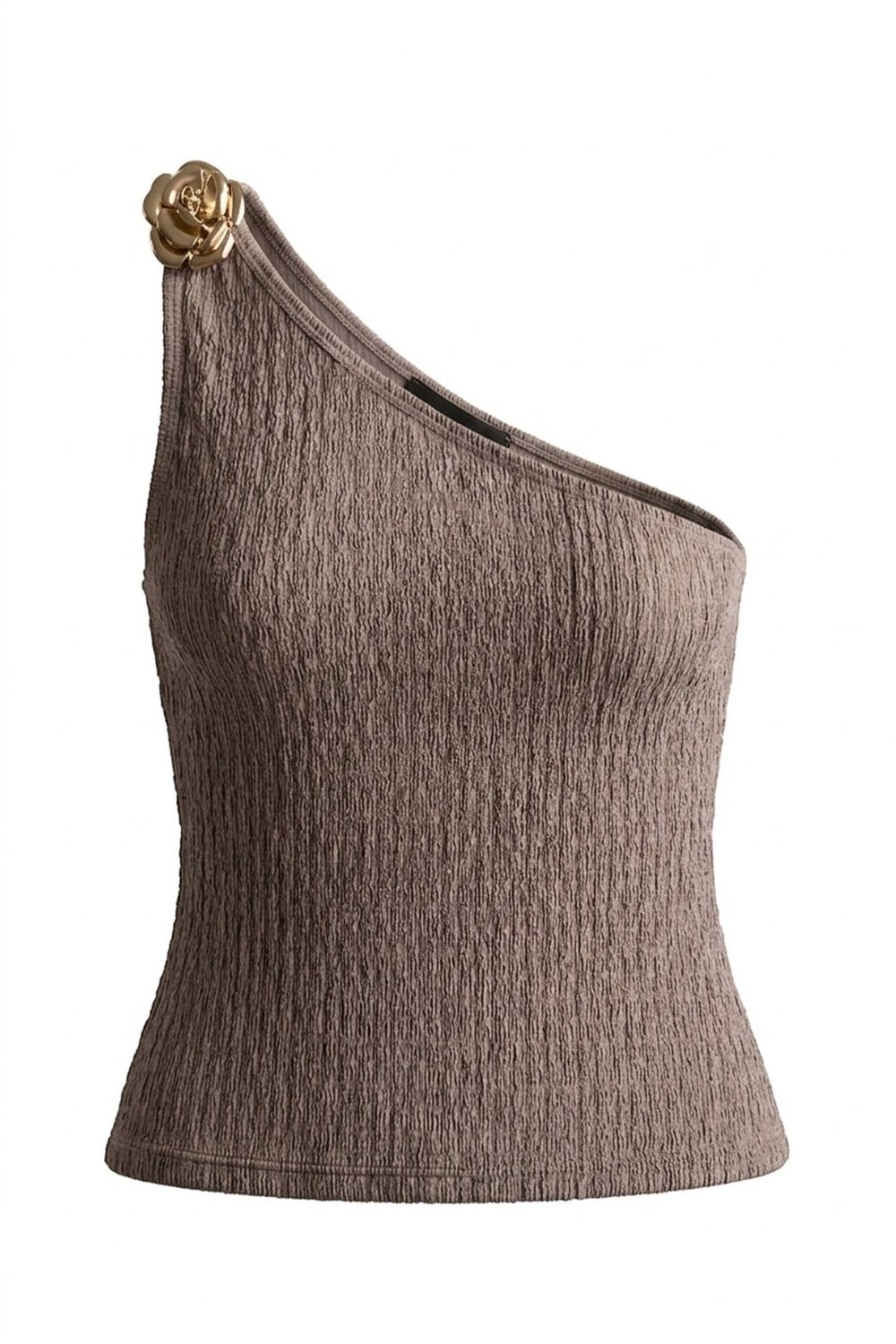Premium - Tide Collection | Vizon Tek Omuz Çiçek Aksesuarlı Bürümcük Dokulu Kadın Crop Bluz