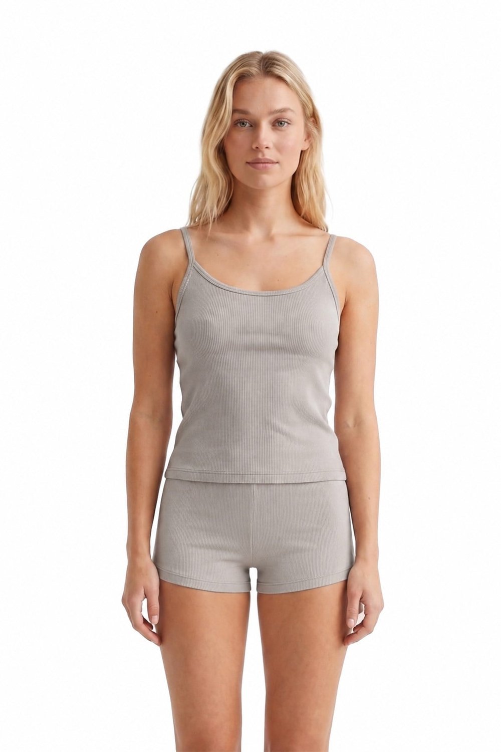Premium - Neat Collection | Gri Rib Dokulu İnce Askılı Modal Viskon Şortlu Kadın Pijama Takımı