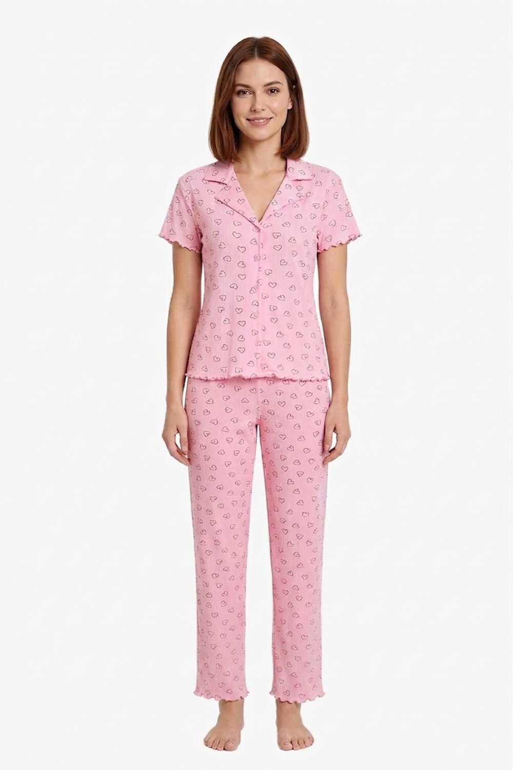 Pudra Kalp Desenli Pointel Gömlek Yaka Kadın Pijama Takımı