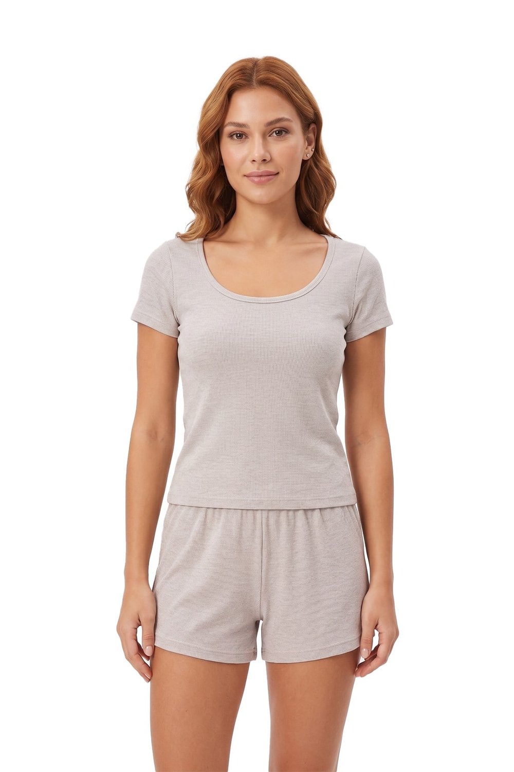 Premium - Neat Collection | Gri Rib Dokulu Yuvarlak Yaka Modal Viskon Şortlu Kadın Pijama Takımı