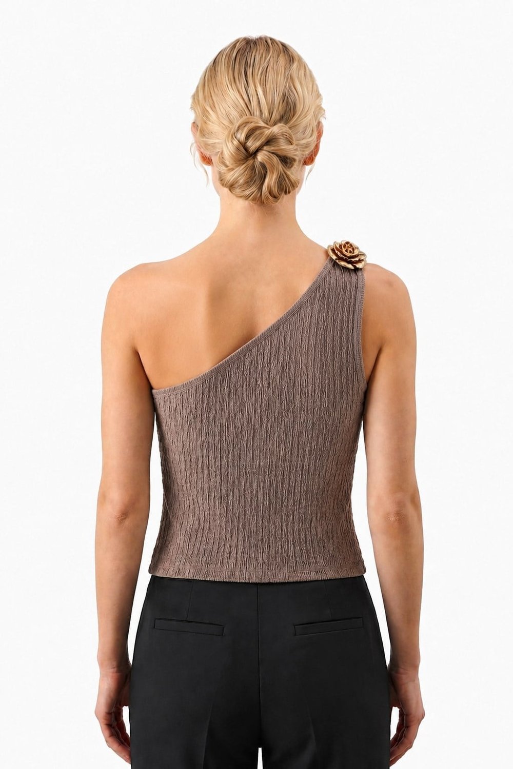 Premium - Tide Collection | Vizon Tek Omuz Çiçek Aksesuarlı Bürümcük Dokulu Kadın Crop Bluz