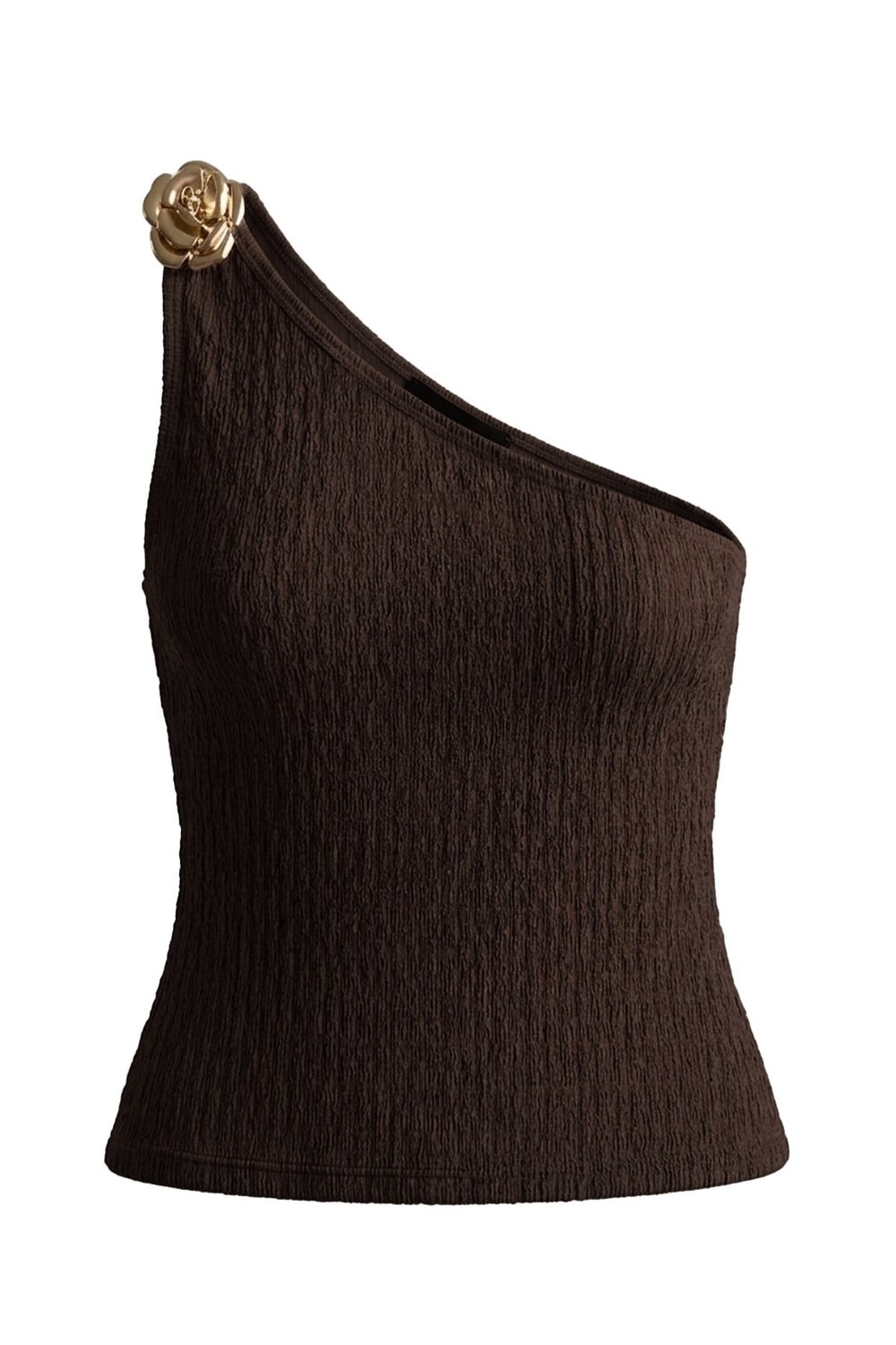 Premium - Tide Collection | Kahverengi Tek Omuz Çiçek Aksesuarlı Bürümcük Dokulu Kadın Crop Bluz