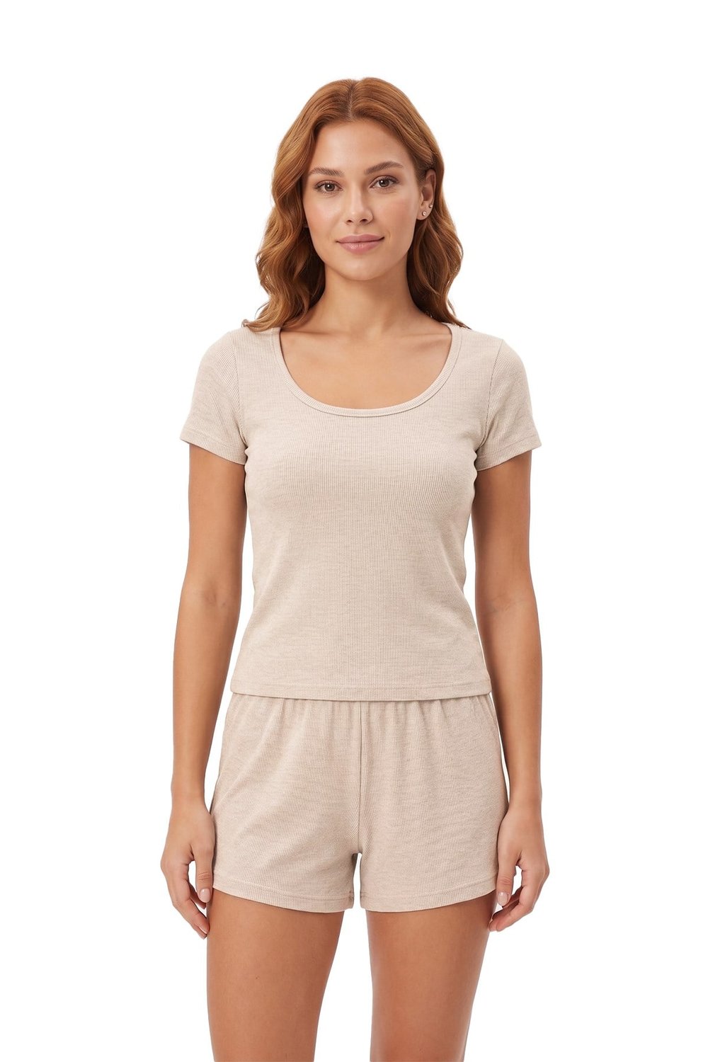 Premium - Neat Collection | Bej Rib Dokulu Yuvarlak Yaka Modal Viskon Şortlu Kadın Pijama Takımı