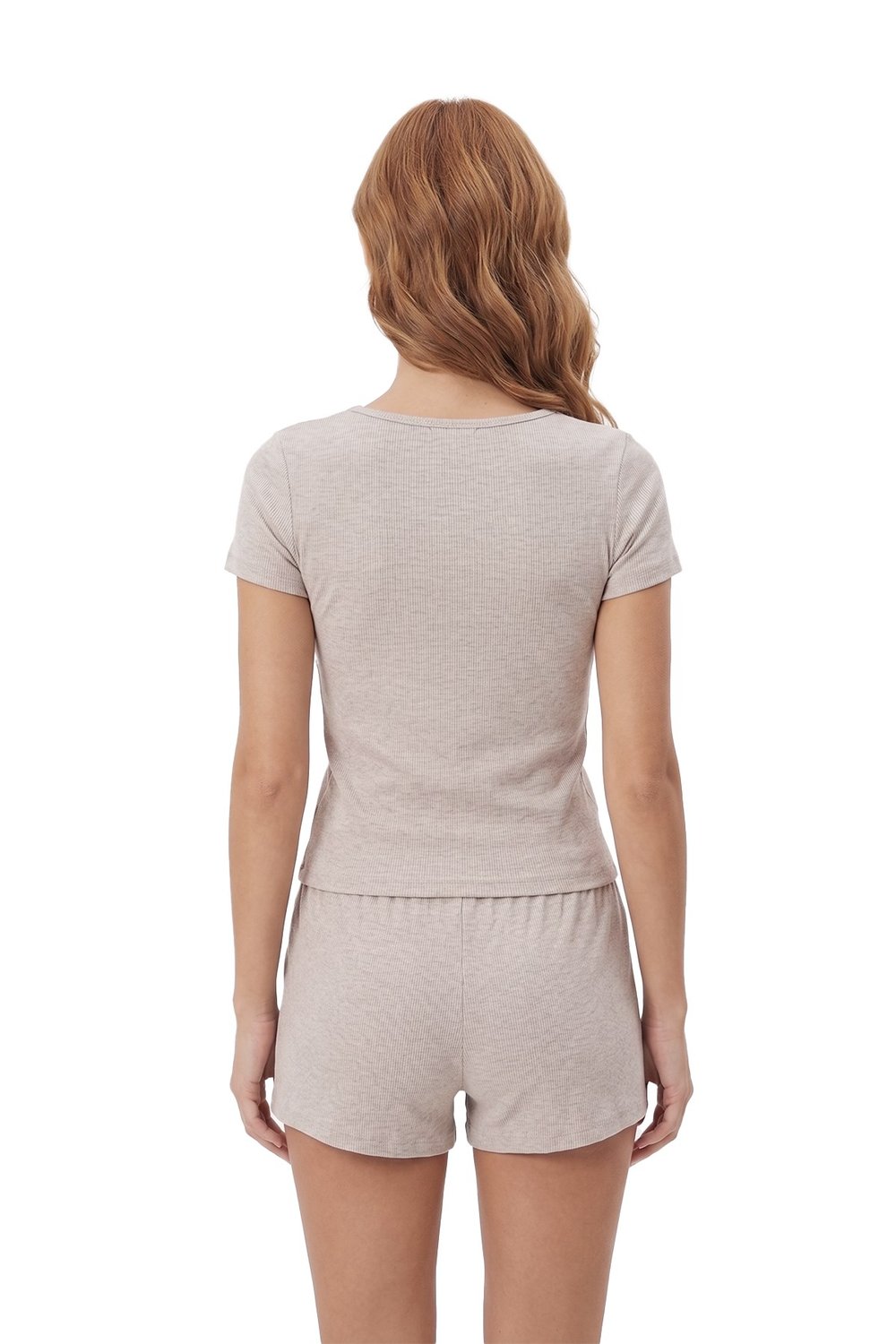 Premium - Neat Collection | Gri Rib Dokulu Yuvarlak Yaka Modal Viskon Şortlu Kadın Pijama Takımı