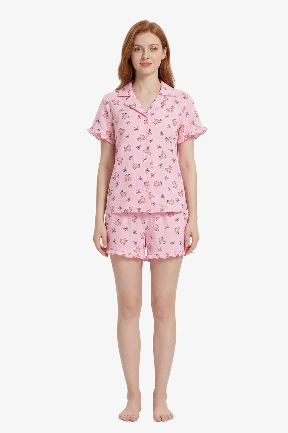 Pudra Ayıcık Desenli Bürümcük Gömlek Yaka Kadın Şortlu Pijama Takımı
