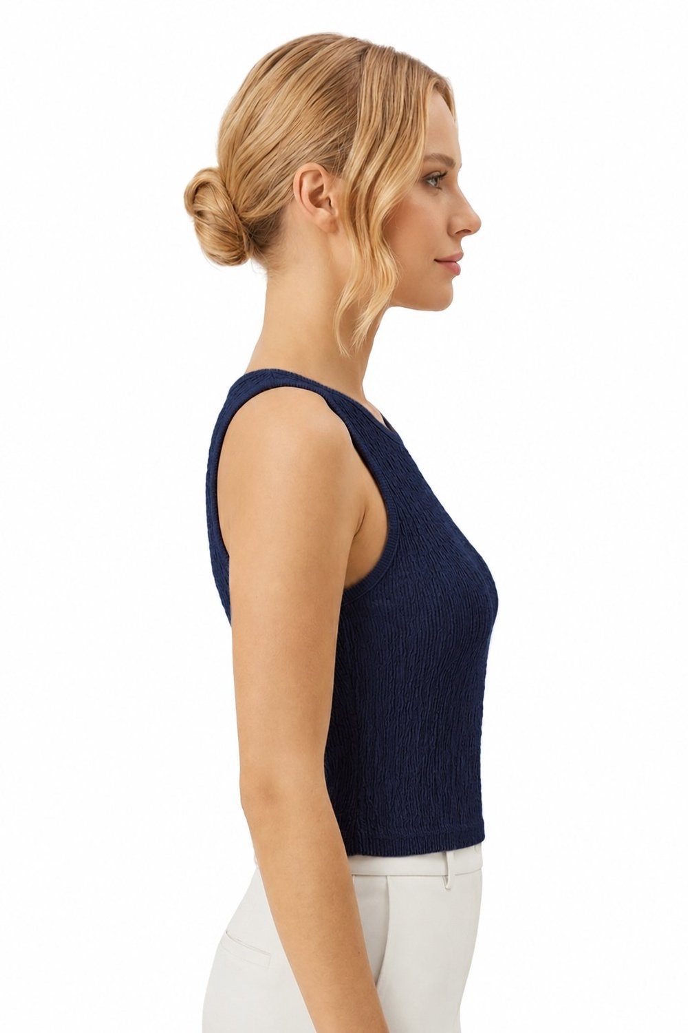 Premium - Tide Collection | Lacivert Bisiklet Yaka Bürümcük Dokulu Kolsuz Kadın Crop Bluz