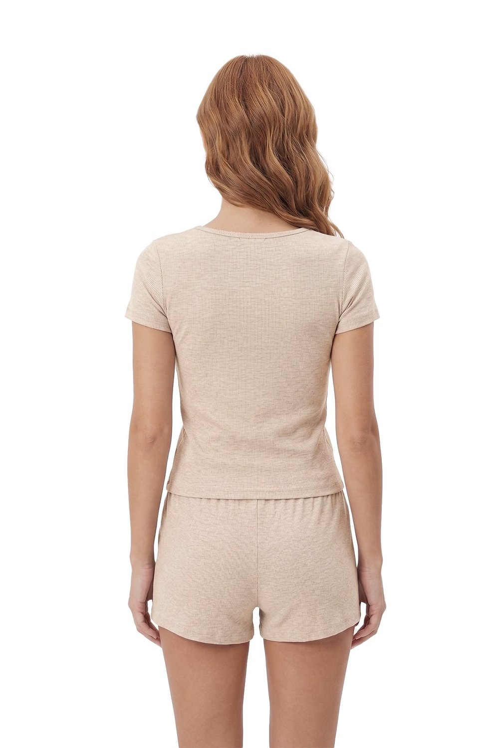 Premium - Neat Collection | Bej Rib Dokulu Yuvarlak Yaka Modal Viskon Şortlu Kadın Pijama Takımı