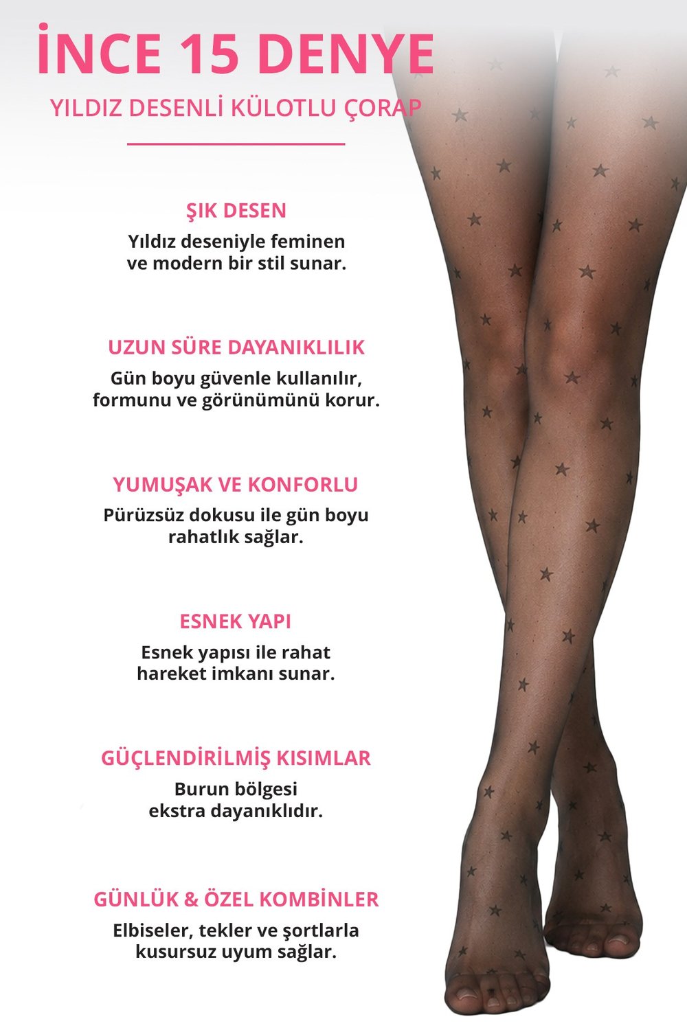 İnce 15 Denye Siyah Kurdele ve Yıldız Desenli 2li Külotlu Çorap