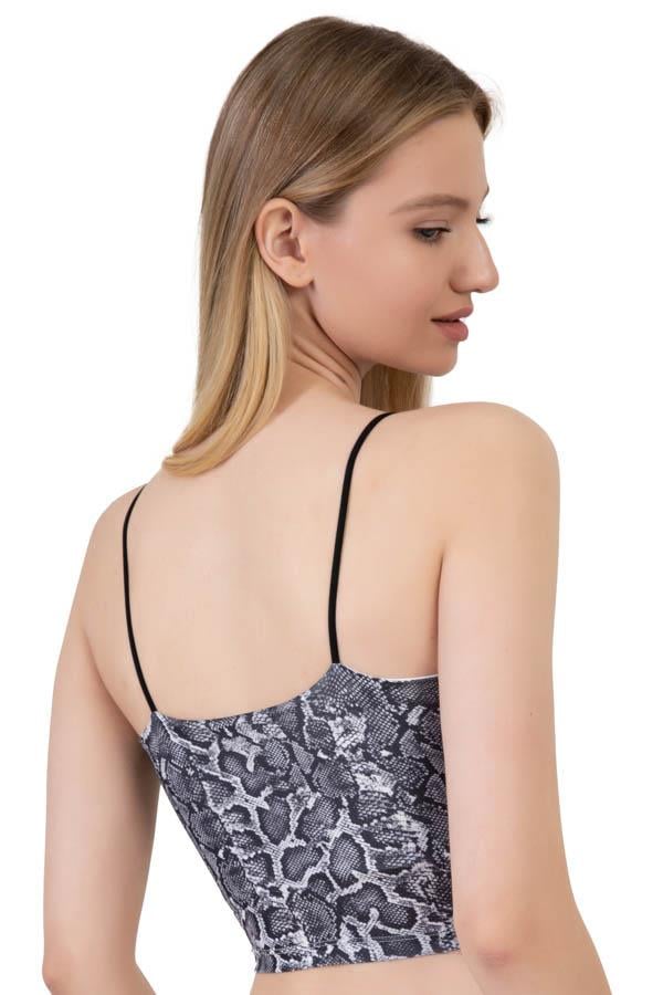 Desenli Mikrofiber Dokulu İnce Askılı Crop Top Büstiyer