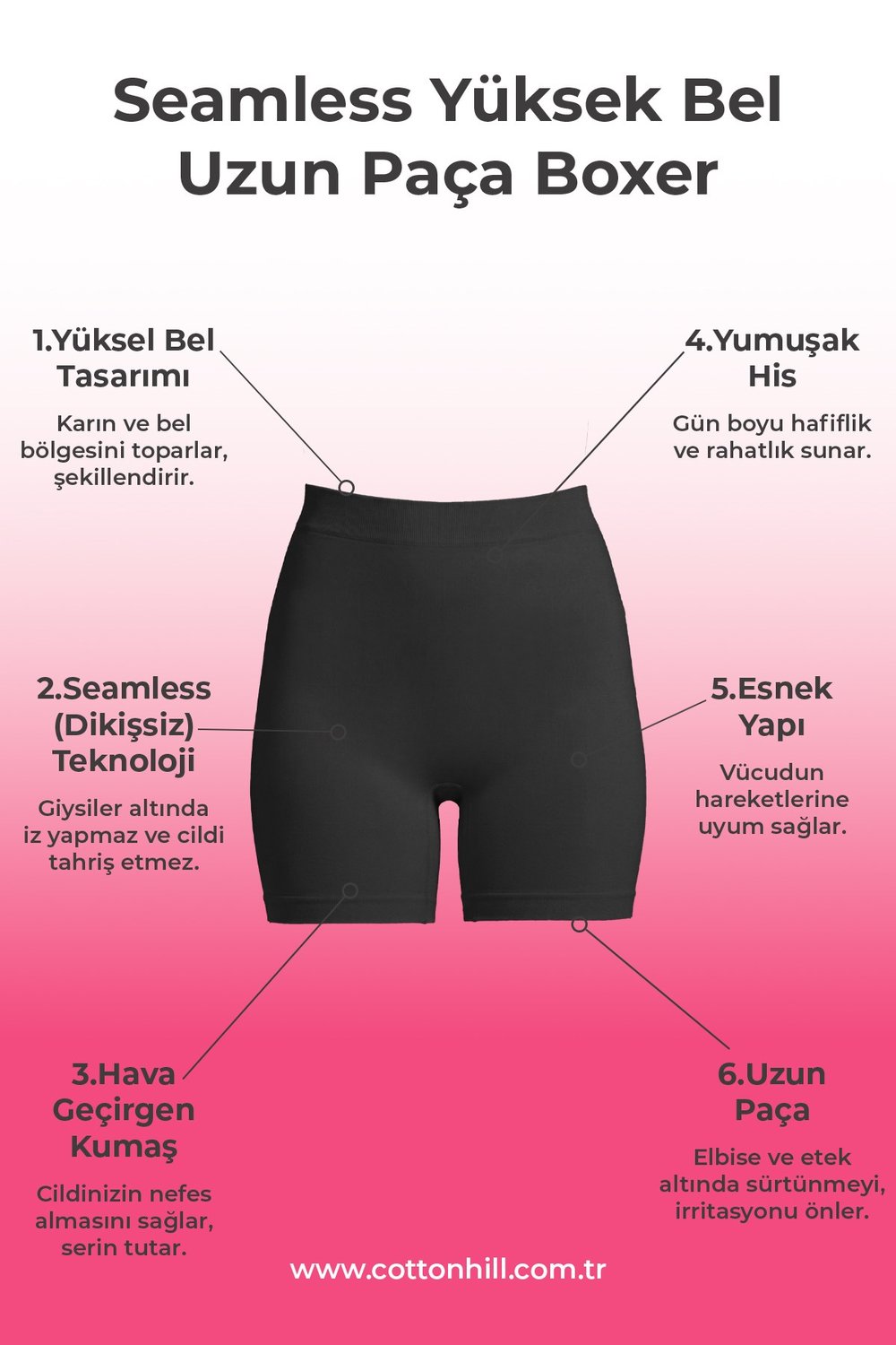 Cottonhill Premium - Kadın Siyah Ultra-Rahat Seamless Yüksek Bel Uzun Paça Boxer