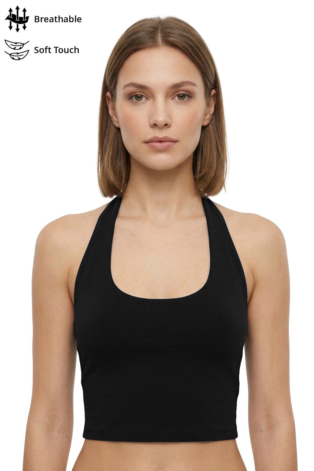 Siyah Viskon Halter Yaka Sırt Dekolteli Kadın Crop Atlet