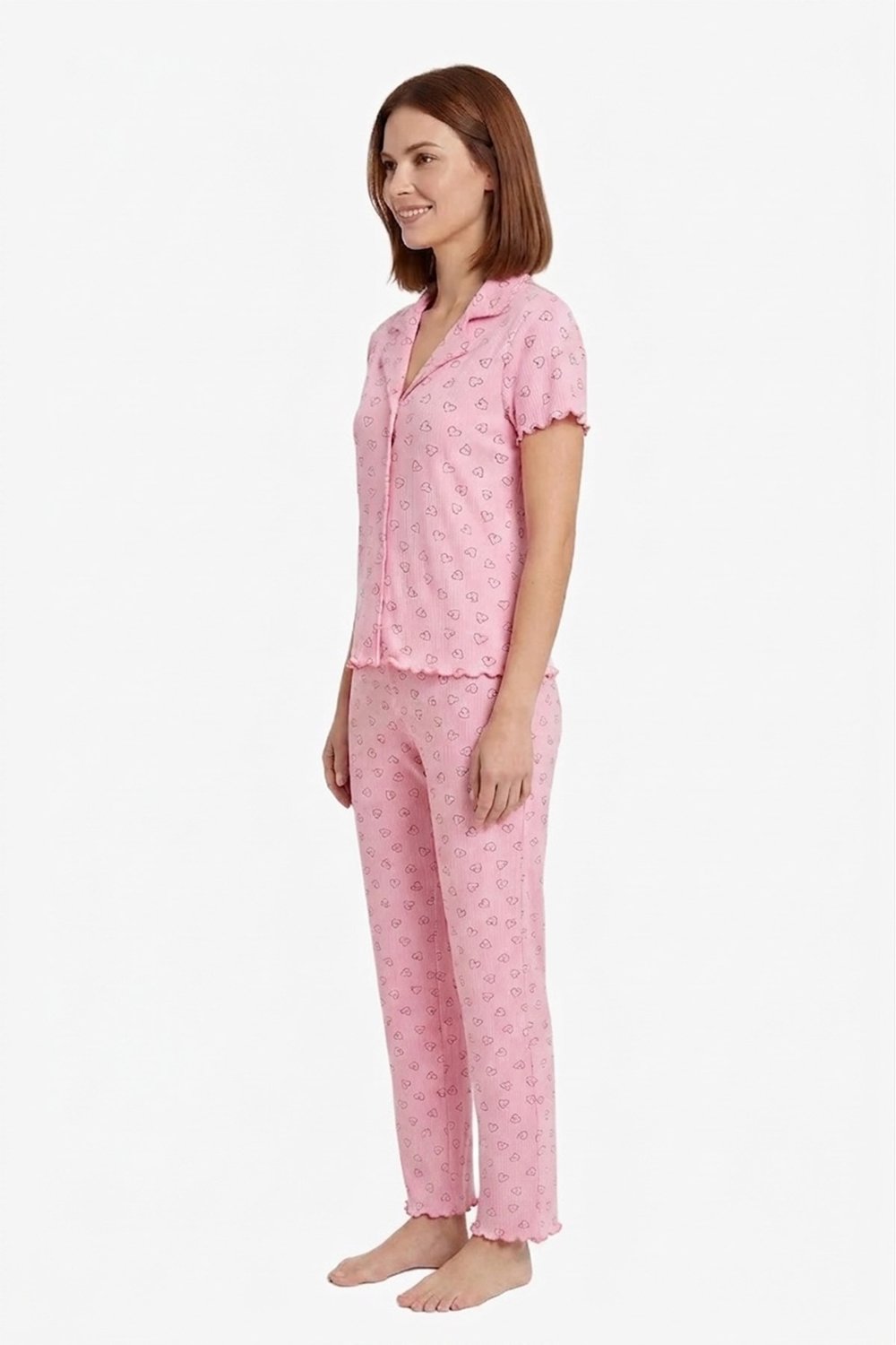 Pudra Kalp Desenli Pointel Gömlek Yaka Kadın Pijama Takımı