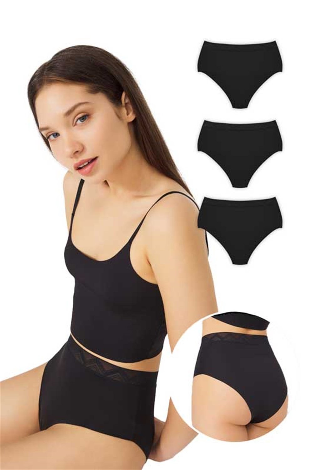Basic Yüksek Bel Lazer Kesim Bikini Külot 3lü Paket - 3