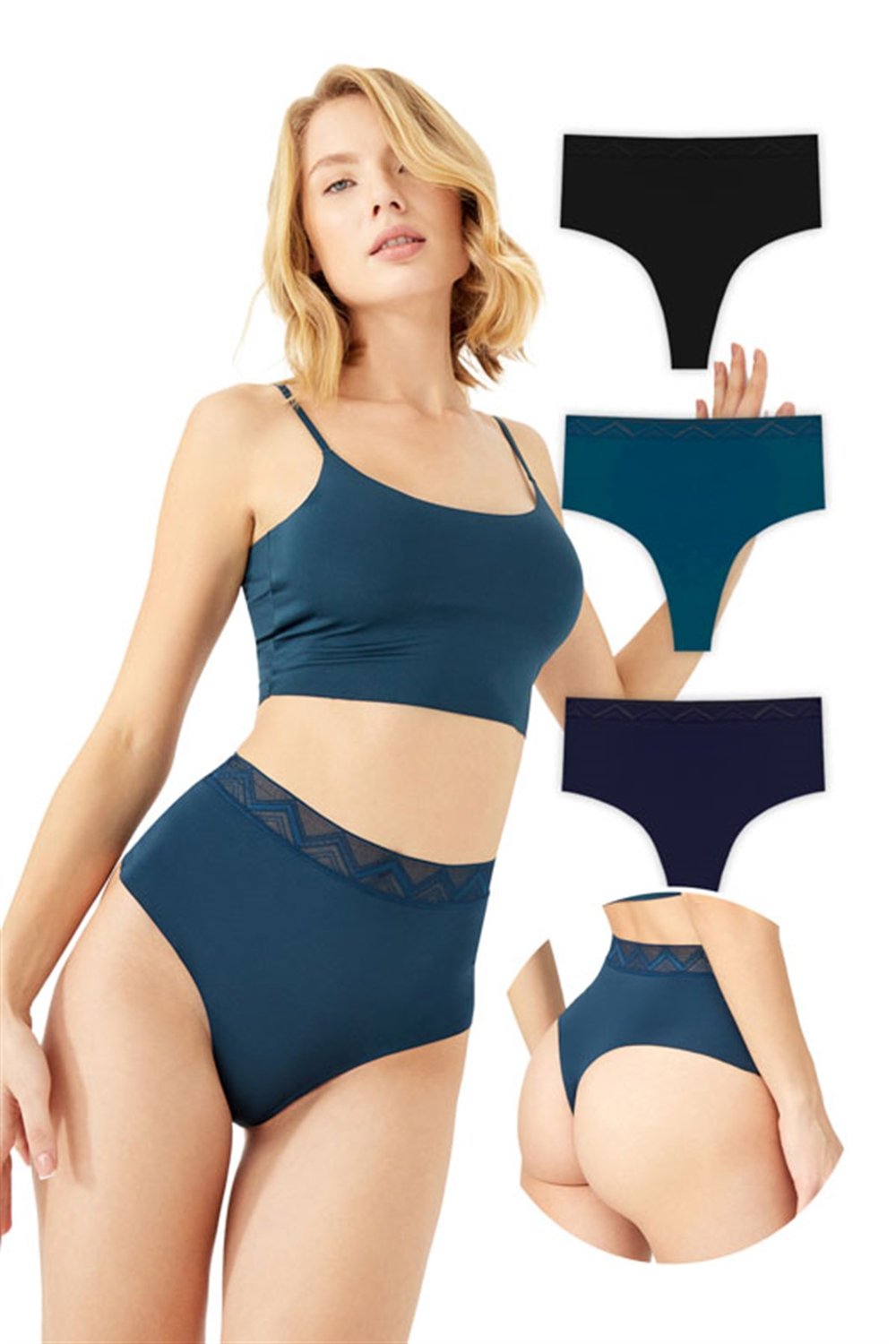 Basic Yüksek Bel Lazer Kesim Tanga Külot 3lü Paket - 2