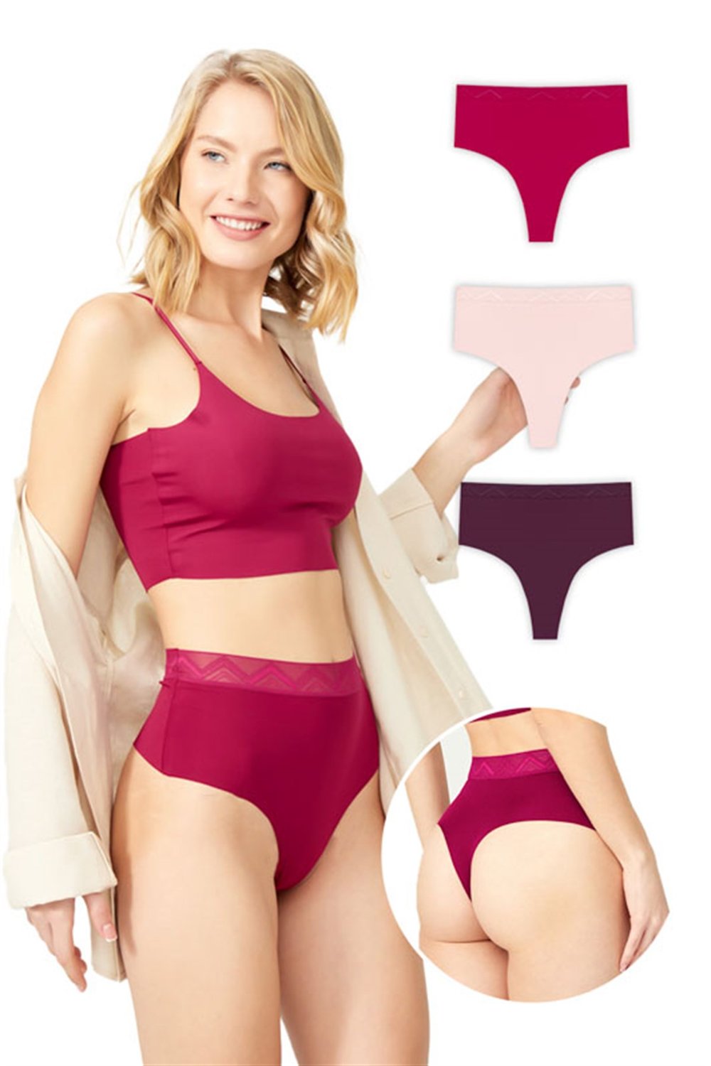Basic Yüksek Bel Lazer Kesim Tanga Külot 3lü Paket - 3
