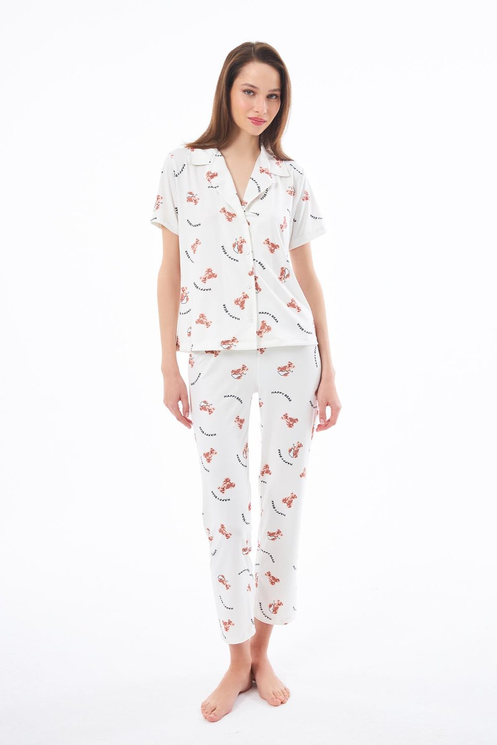 Premium Kadın Pijama Takımı Ayıcık Desenli Yumuşak Dokulu Kısa Kollu Gömlek Yaka
