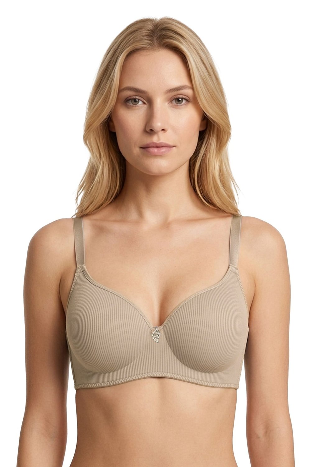 Seamless Bra - Renoa | Bej Rib Dokulu Balensiz Doğal Form Straplez Kadın Sütyen