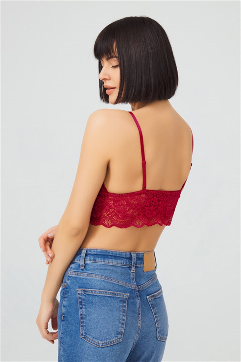 Bordo Dantelli İnce Askılı Kaplı Üçgen Kadın Bralet Büstiyer