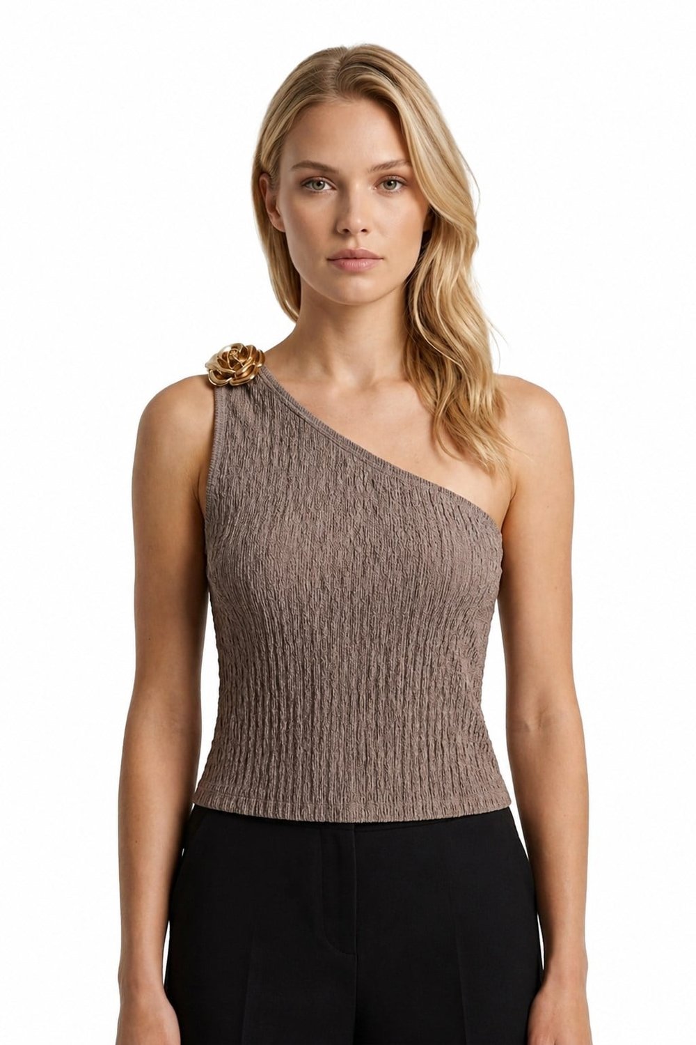 Premium - Tide Collection | Vizon Tek Omuz Çiçek Aksesuarlı Bürümcük Dokulu Kadın Crop Bluz