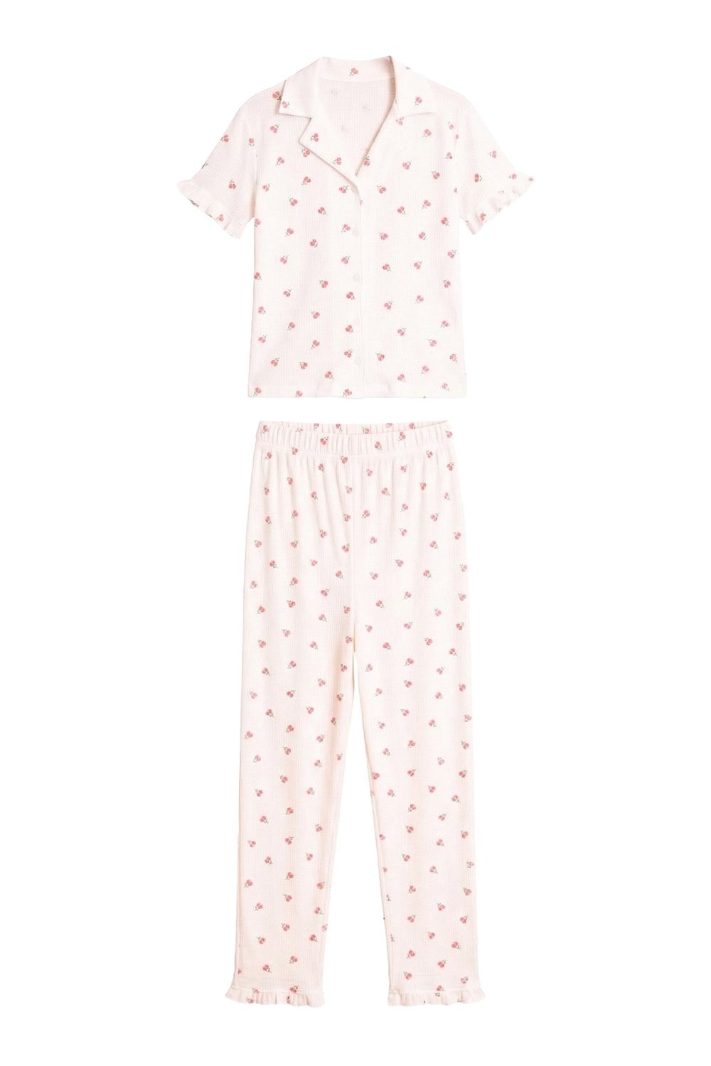 Beyaz Çiçek Desenli Bürümcük Gömlek Yaka Kadın Pijama Takımı