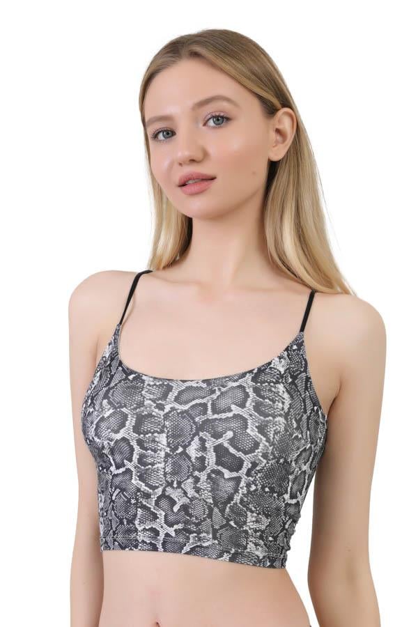 Desenli Mikrofiber Dokulu İnce Askılı Crop Top Büstiyer