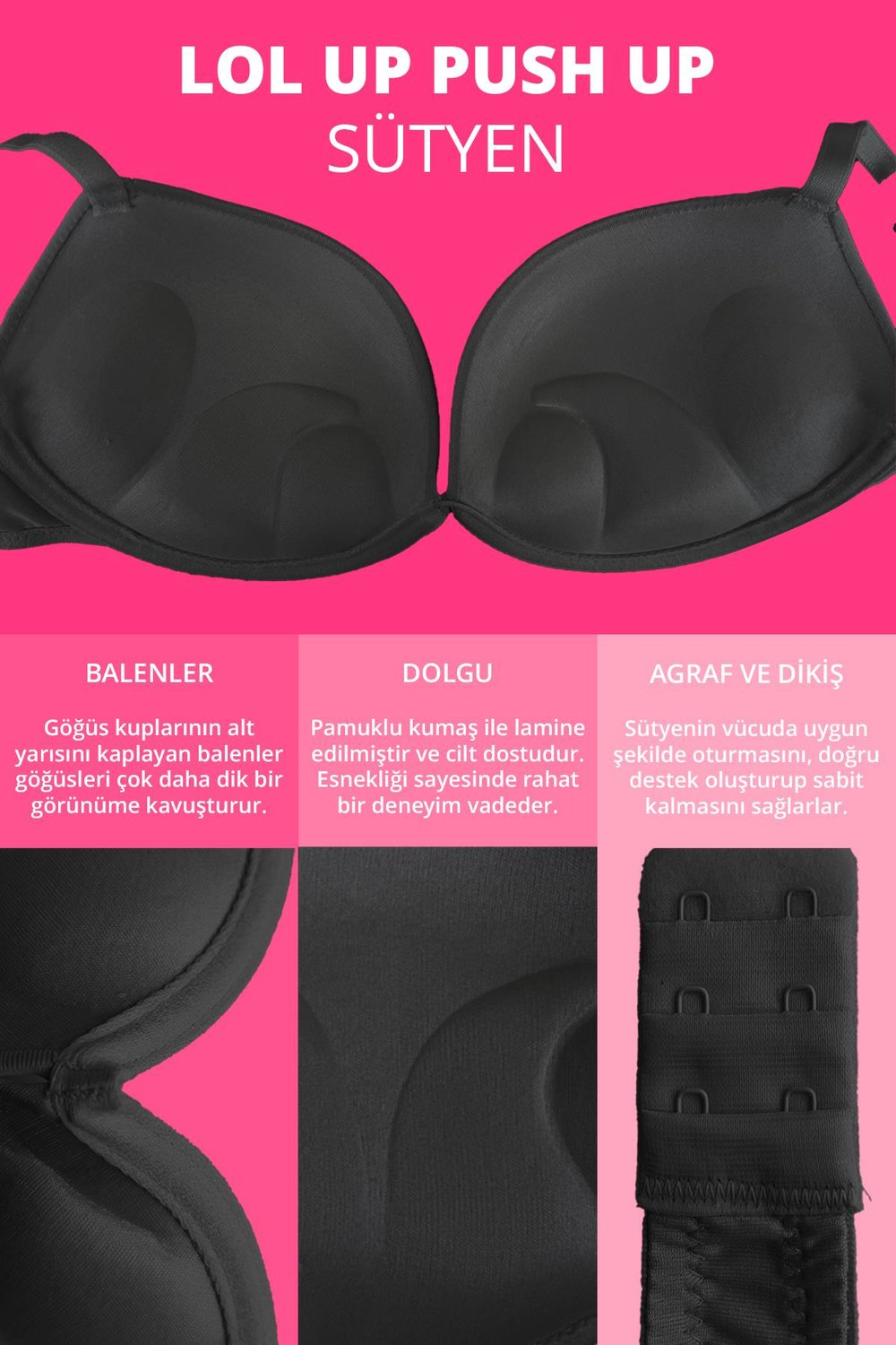 Lol Up Push Up Balenli Siyah Sütyen