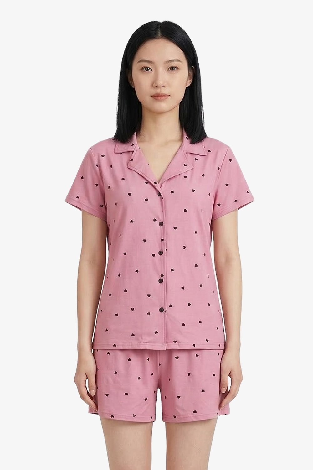 Pembe Kalp Desenli Yumuşak Dokulu Gömlek Yaka Kadın Şortlu Pijama Takımı
