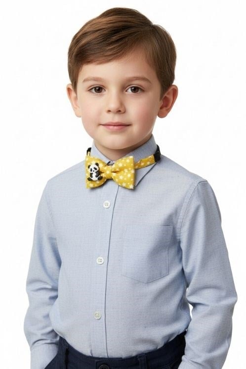 Lokum Kids Erkek Bebek ve Çocuk Panda Pinli Yıldız Desenli Sarı Papyon