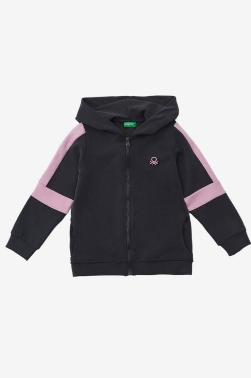 United Colors of Benetton Kız Çocuk Fermuarlı Kapüşonlu Sweatshirt-Antrasit Pembe Detaylı