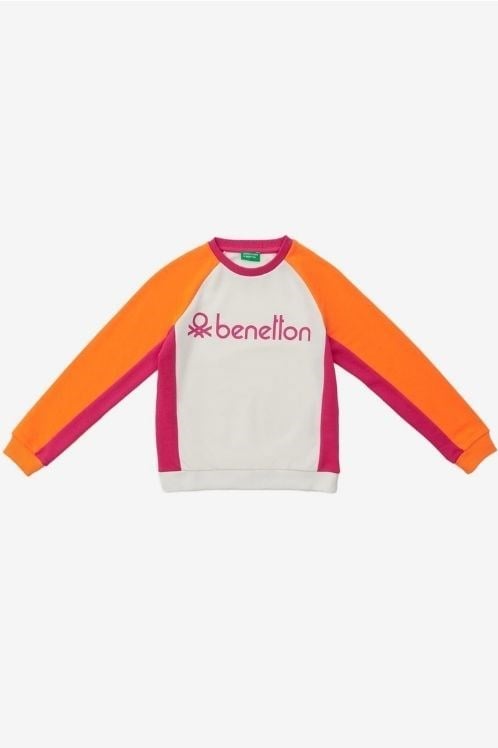United Colors of Benetton Kız Çocuk Renk Bloklu Kapüşonlu Sweatshirt - Krem
