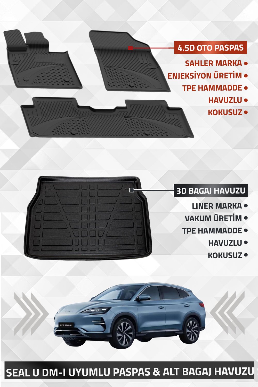 BYD Seal U Dm-i 2024+ Uyumlu LİNER Marka 3D Kulaksız ALT Bagaj Havuzu + SAHLER 4.5D Oto Paspas
