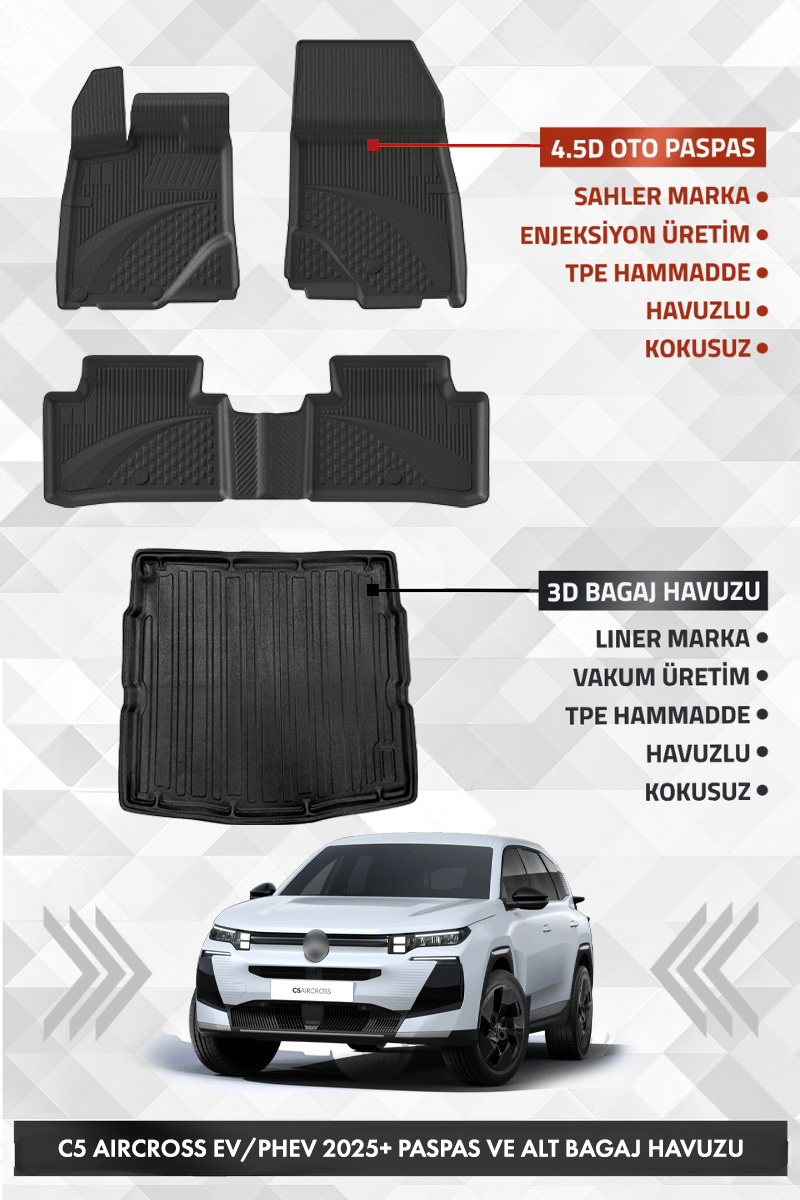 Citroen C5 Aircross Elektrikli/Plug in Hybrid 2025+ Uyumlu 4.5D SAHLER Premium Havuzlu Paspas ve Liner Marka ALT Bagaj Havuzu