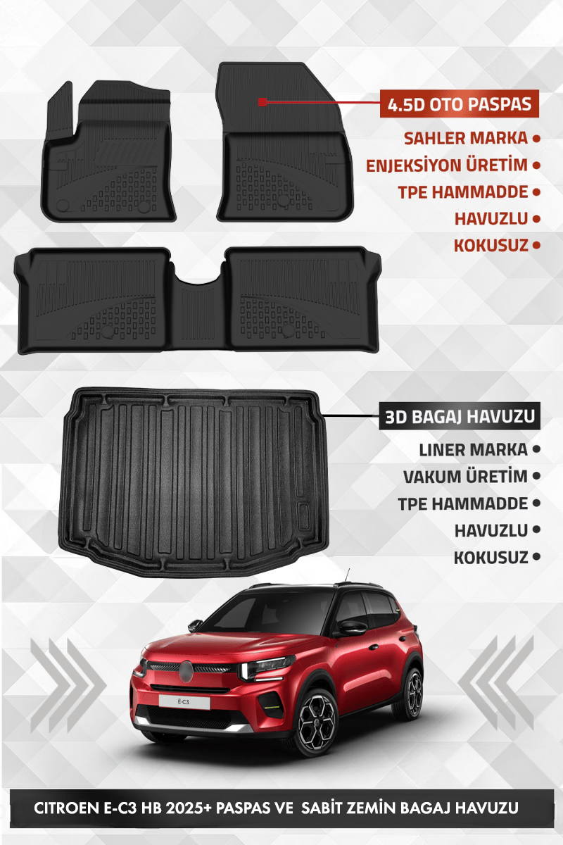 Citroen E-C3 2025 ve Sonrası Uyumlu SAHLER 4.5D Premium Havuzlu Paspas ve Liner Bagaj Havuzu -  E-C3