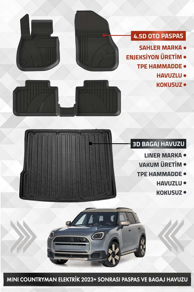 Mini Countryman 2024 ve Sonrası Uyumlu 4.5D PRO Premium Havuzlu Oto Paspas ve LINER Bagaj Havuzu Set