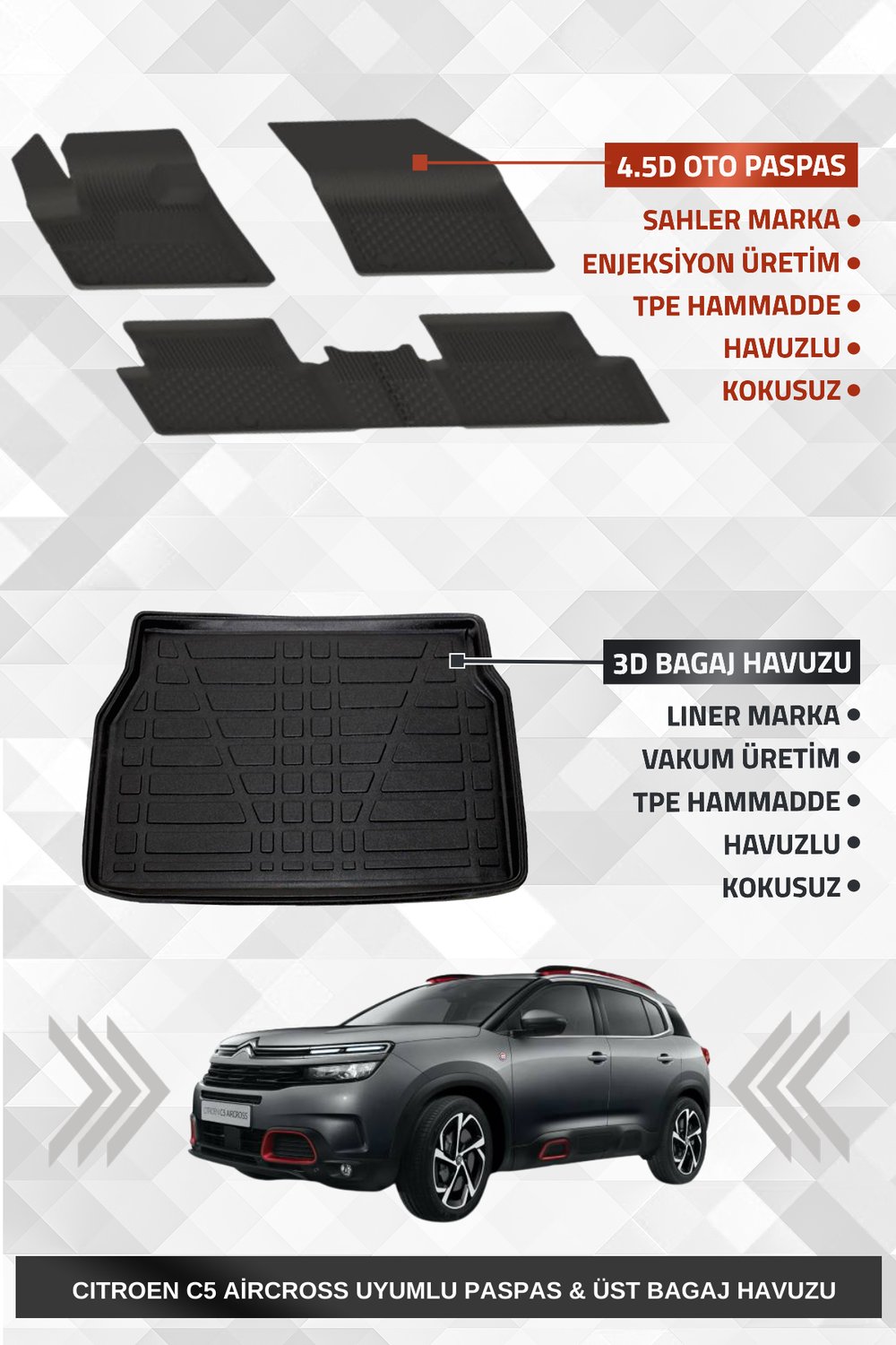 Sahler C5 Aircross 2019-2025 Uyumlu 4.5D Premium Havuzlu Oto Paspas Ve Liner Marka 3D ÜST Bagaj Havuzu 