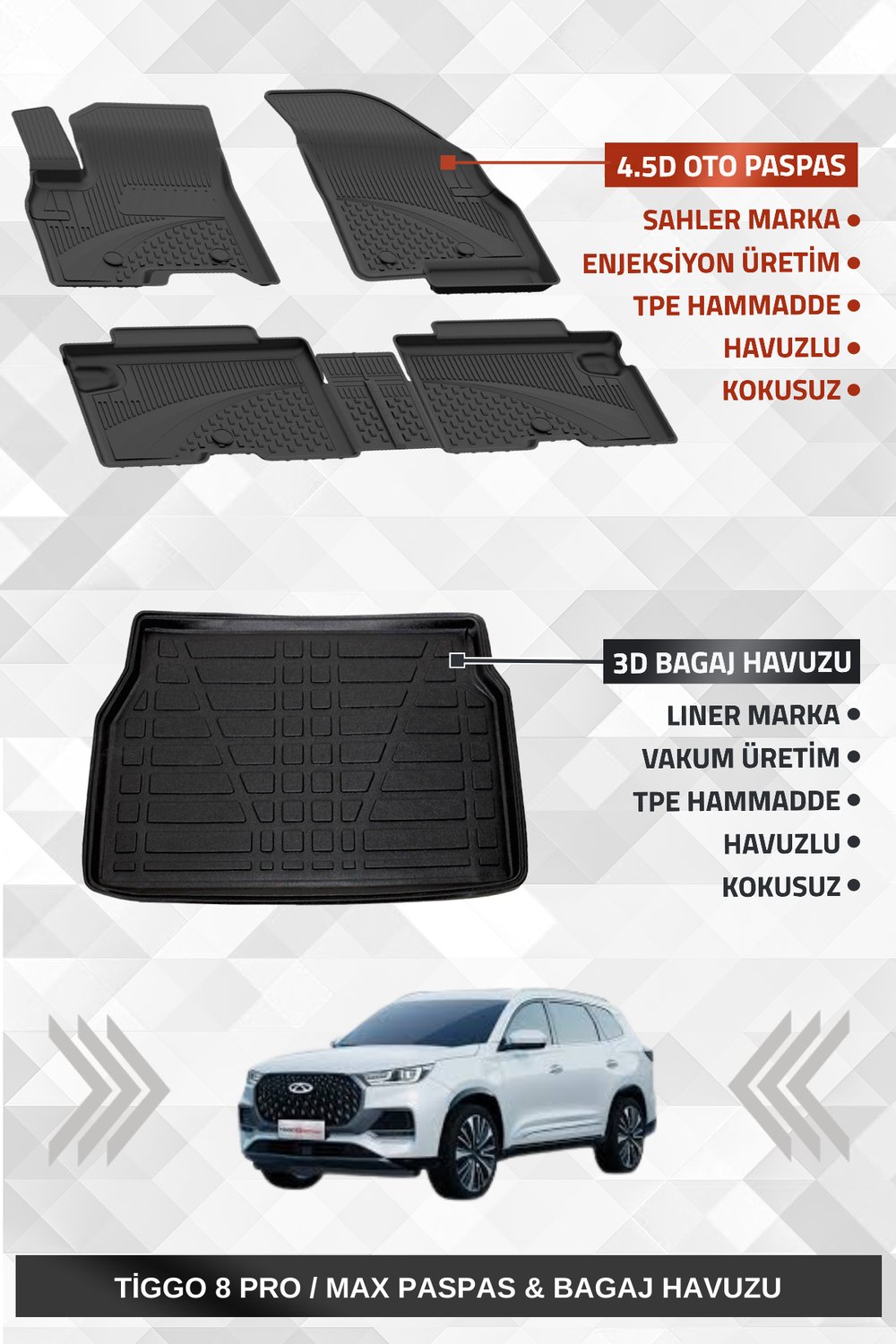Sahler Chery Tiggo 8 Pro / Max 2022-2025 Uyumlu 4.5D Premium Havuzlu Paspas ve Liner Marka 3D Bagaj Havuzu