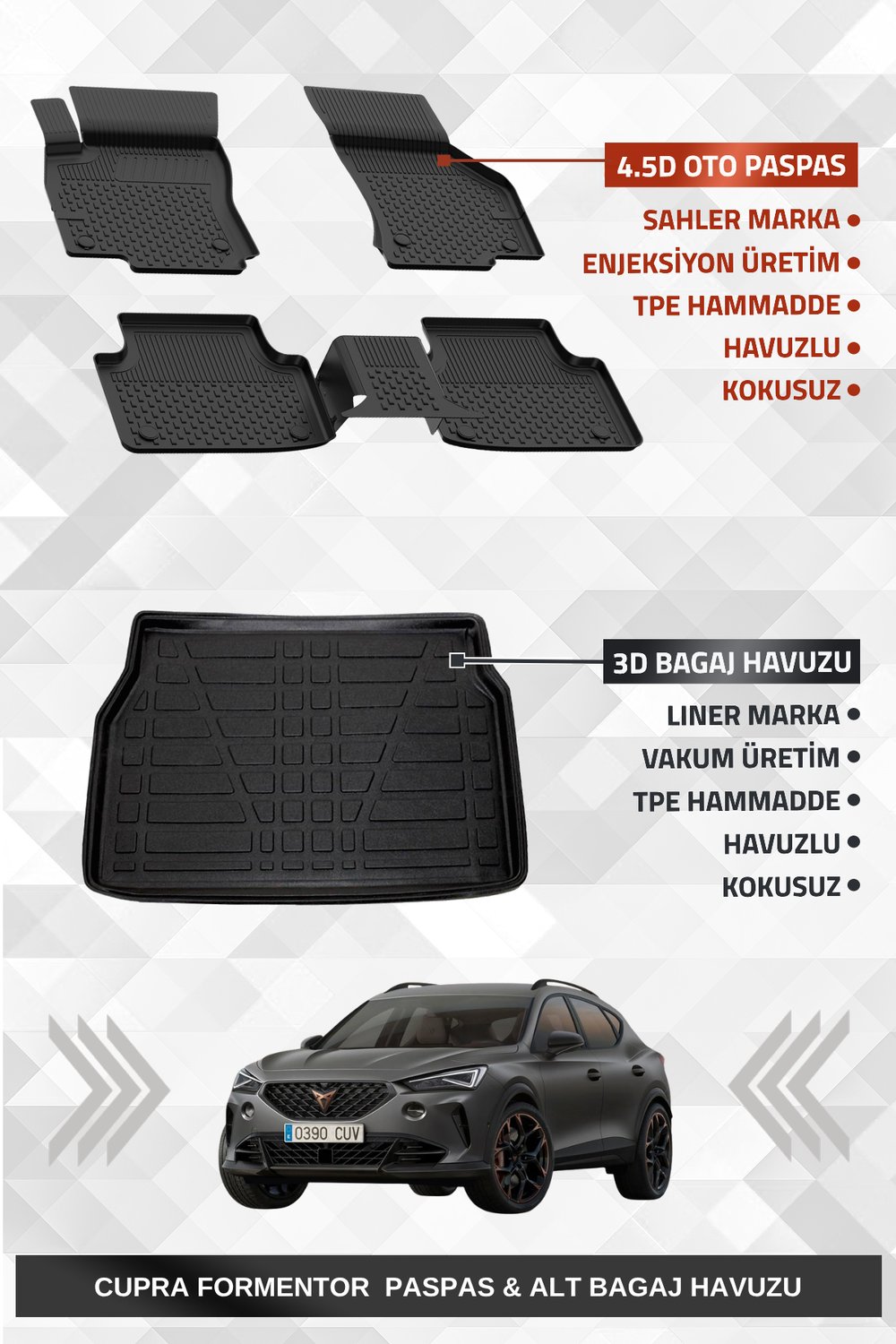 Sahler Cupra Formentor 2020-2024 Uyumlu 4.5D Premium Havuzlu Oto Paspas ve Liner Marka 3D ALT Bagaj Havuzu