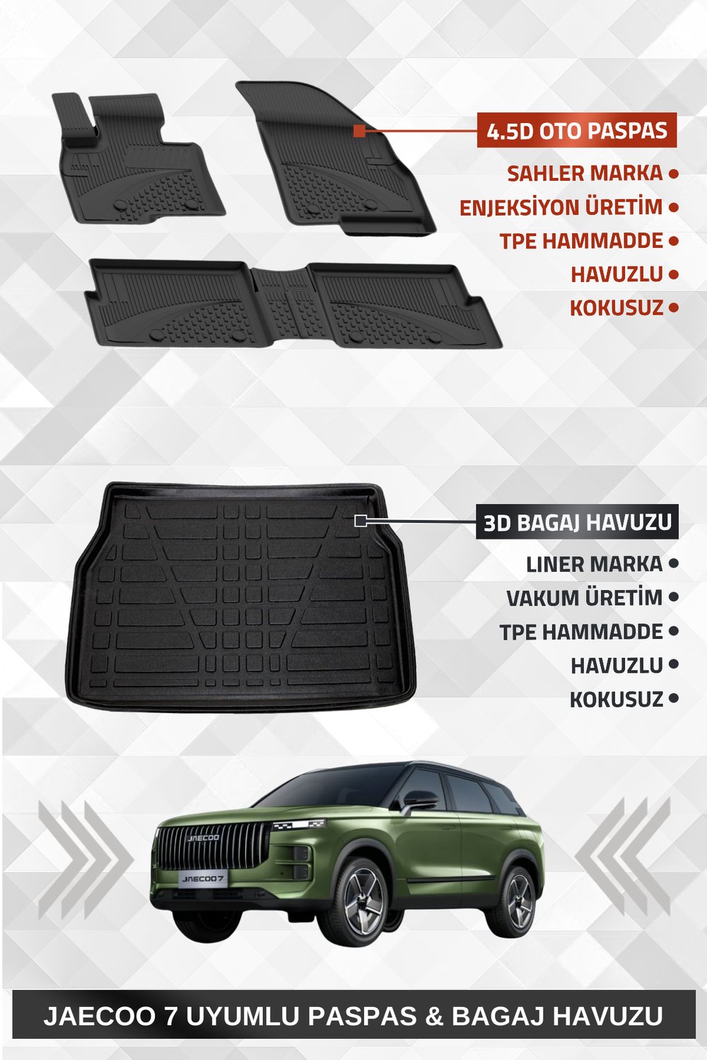Sahler Jaecoo 7 4x4 2024+ Uyumlu 4.5d Premium Havuzlu Oto Paspas ve Liner Marka 4x4 3D Kalın Stepne Bagaj Havuzu