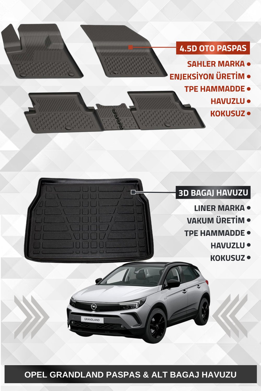 Sahler Opel Grandland 2017-2024 Uyumlu 4.5D Premium Havuzlu Oto Paspas ve Liner Marka 3D ALT Bagaj Havuzu - Grandland