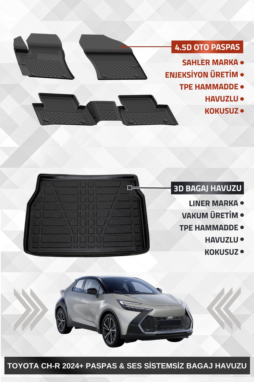 Sahler Toyota C-HR 2 2023+ Uyumlu 4.5D Premium Havuzlu Oto Paspas ve Liner Marka 3D SES SİSTEMSİZ Bagaj Havuzu
