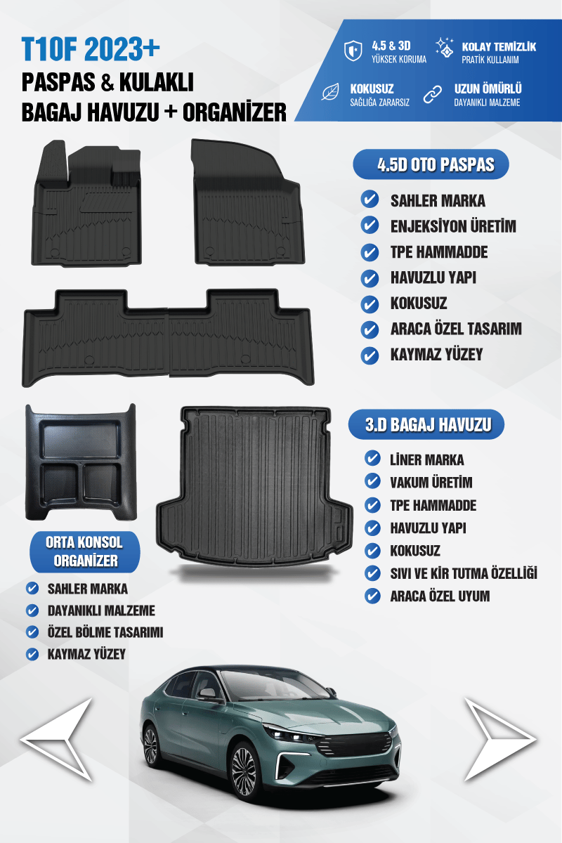 Togg T10F 2025 ve Sonrası Uyumlu 4.5D Premium Havuzlu Oto Paspas ve Liner Bagaj Havuzu +Konsol Düzenleyici Organizer
