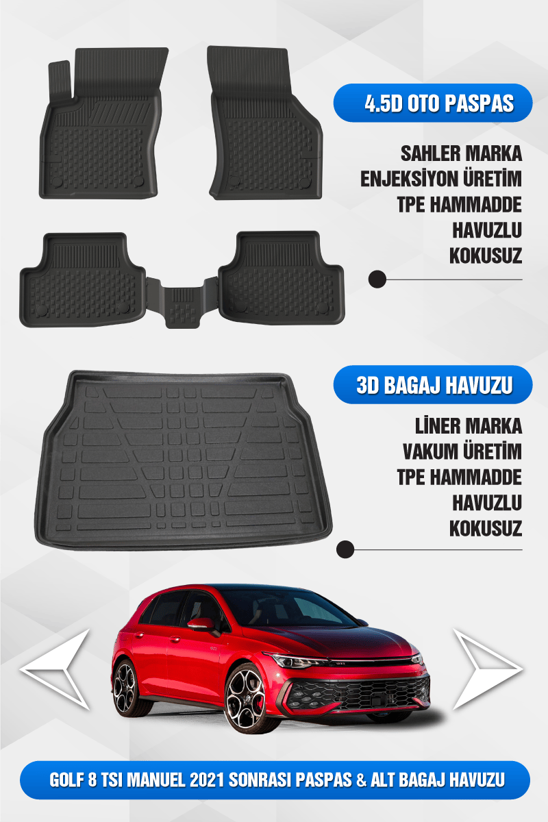 Volkswagen Golf 8/8.5 (Manuel) Uyumlu 4.5D Premium Havuzlu Oto Paspas ve Liner ALT Bagaj Havuzu