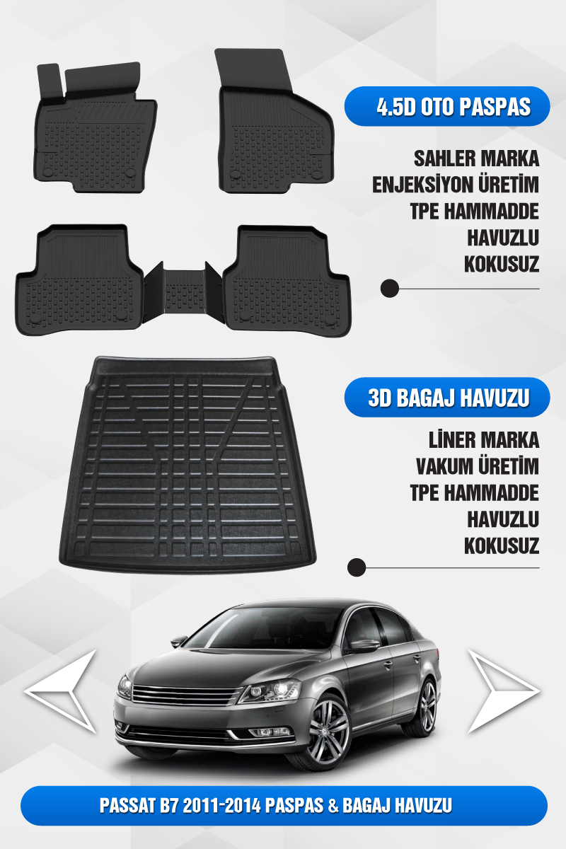 Volkswagen Passat B7 2011-2014 Uyumlu 4.5D Premium Havuzlu Oto Paspas ve Liner Bagaj Havuzu