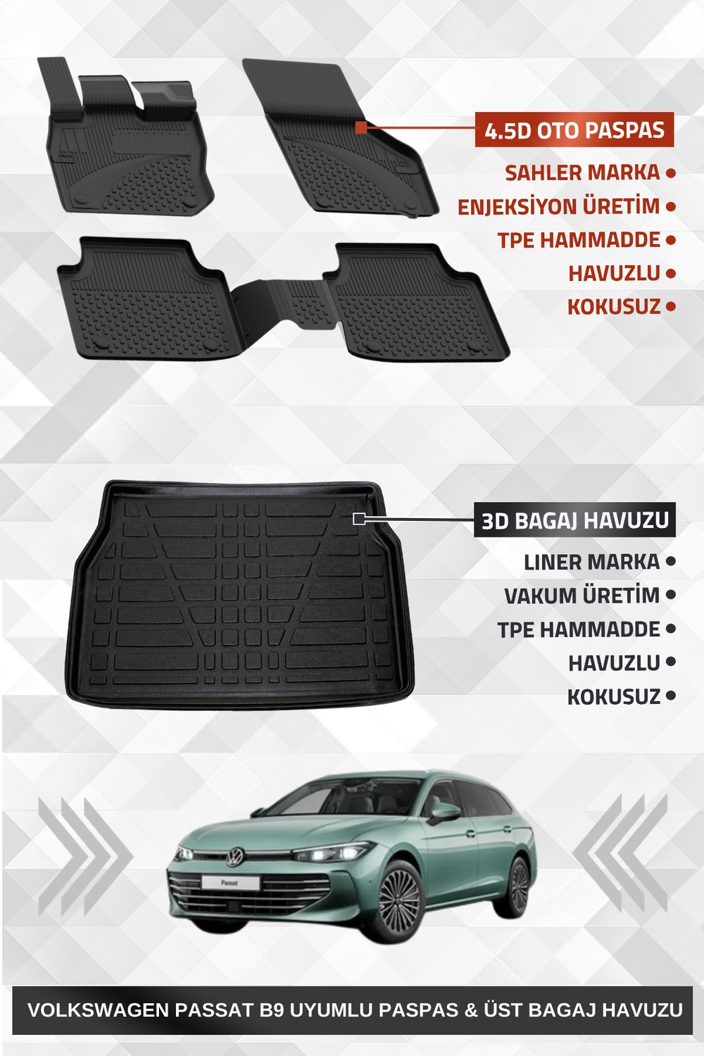 Volkswagen Passat Variant B9 2024+ Uyumlu 4.5D SAHLER Premium Paspas + Liner Marka 3D ÜST Bagaj Havuzu - Passat Variant B9