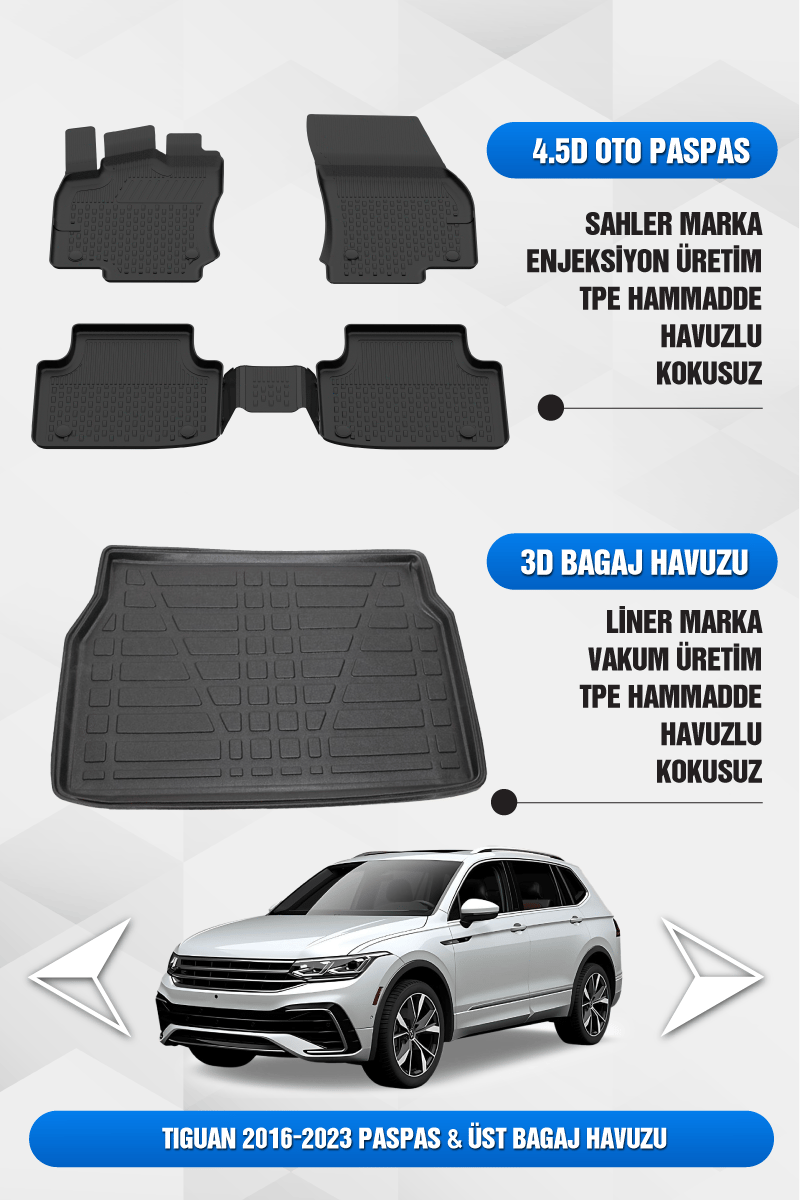 Volkswagen Tiguan 2016-2023 Uyumlu 4.5D Premium Havuzlu Oto Paspas ve Liner ÜST Bagaj Havuzu
