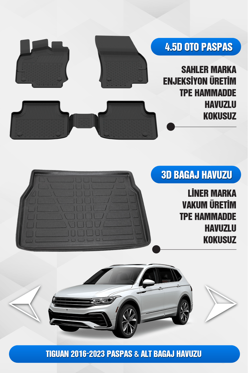 Volkswagen Tiguan 2016-2023 Uyumlu 4.5D Premium Havuzlu Oto Paspas ve Liner ALT Bagaj Havuzu